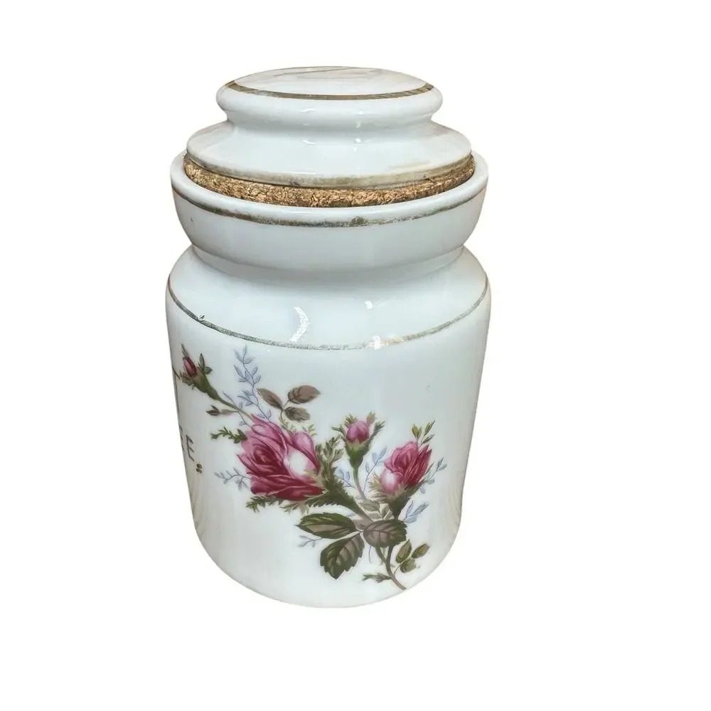 Vtg Porcelain Moss Rose Instant Coffee Canister Jar w/ Lid Japan Gold Accent 6